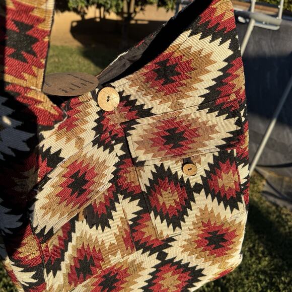 Handmade Blanket Tote Southwestern Navajo Boho Tan Red Black Large Shoulder Bag - Picture 3 of 14